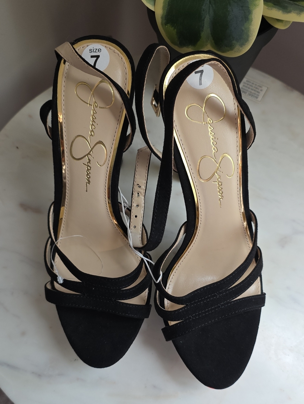 Jessica Simpson Black Strappy Open-Toe Slingback Heels with Gold Insole